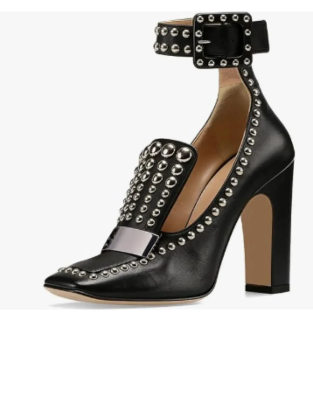 YDN Black Studded Block Heel Pumps Square Toe Ankle Strap High Heels Edgy Shoes